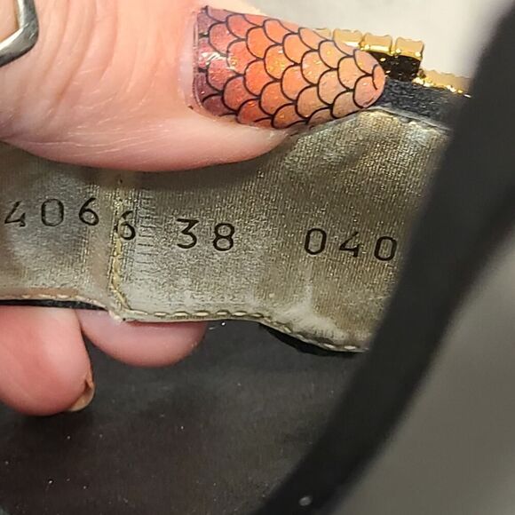 St. John Odessa Satin Mules, Crystal Buckle Black & Gold Heels | 8B - Picture 14 of 14